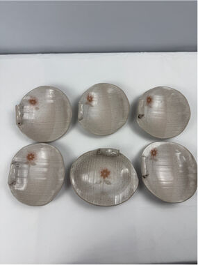 Set of 6 VTG Handmade Serveware Beige Brown Ceramic Shell Dishes flower design